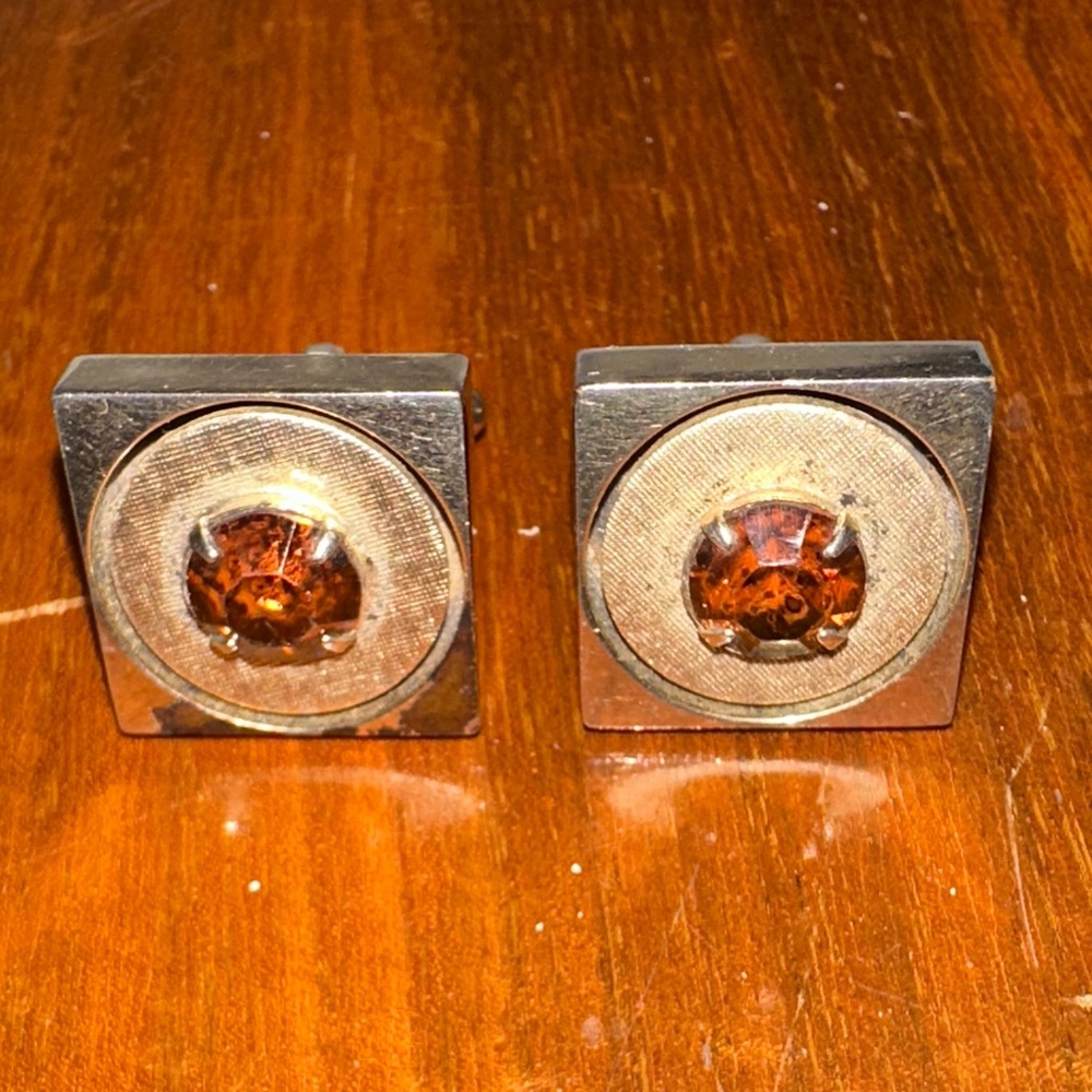 Vintage‎ Mid Century Gold Tone Square Cufflinks with Amber Rhinestone
